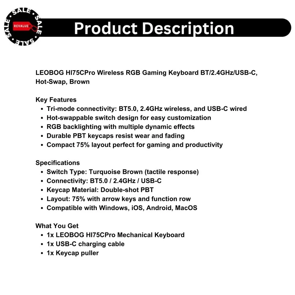 LEOBOG HI75CPro Wireless‎ RGB Gaming Keyboard BT/2.4GHz/USB-C, Hot-Swap, Brown